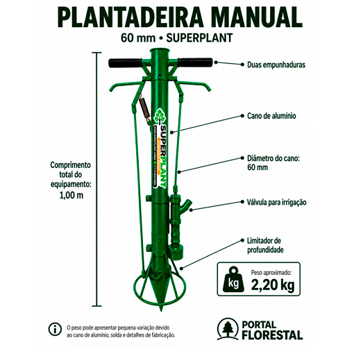 Plantadeira Manual 60 mm com Duas Empunhaduras, Válvula para Irrigação e Limitador de Profundidade