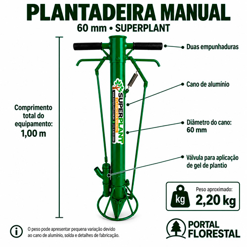 Plantadeira Manual 60 mm com Duas Empunhaduras, Válvula para Aplicação de Gel e Limitador de Profundidade