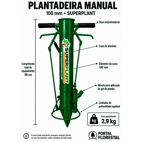 Plantadeira Manual 100 mm com Duas Empunhaduras, Válvula para Aplicação de Gel e Limitador de Profundidade
