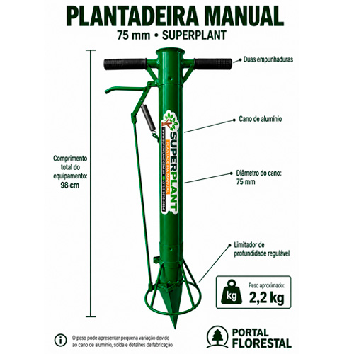 Plantadeira Manual com Duas Empunhaduras, Cano de Alumínio 75 mm e Limitador de Profundidade