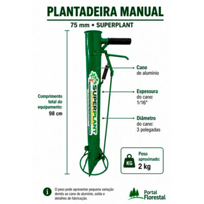 Plantadeira Manual com Uma Empunhadura, Cano de Alumínio 75 mm e Limitador de Profundidade