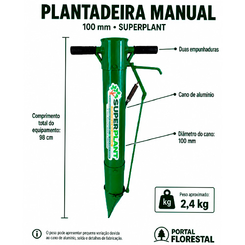 Plantadeira Manual Com duas Empunhaduras, cano de alumínio 100 mm