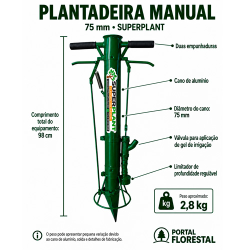 Plantadeira Manual com Duas Empunhaduras, Cano de Alumínio 75 mm, Válvula para Irrigação, Limitador de Profundidade