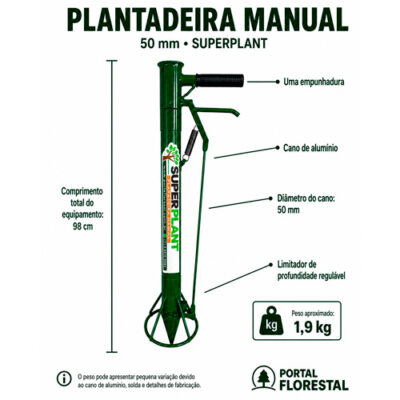 Plantadeira Manual com uma Empunhadura, Cano de Alumínio 50 mm - para mudas de hortaliças + Limitador de Profundidade Regulável
