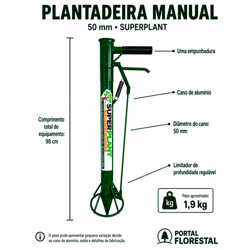 Plantadeira Manual com uma Empunhadura, Cano de Alumínio 50 mm - para mudas de hortaliças + Limitador de Profundidade Regulável