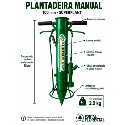 Plantadeira Manual Superplant 100 mm com Duas Empunhaduras, Válvula para Irrigação e Limitador de Profundidade